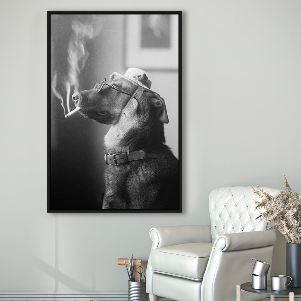 Dog Smoking a Cigarette Funny Vintage Animal Photo Black and White Art, Floating Framed Canvas Print