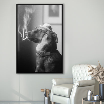 Dog Smoking a Cigarette Funny Vintage Animal Photo Black and White Art, Floating Framed Canvas Print