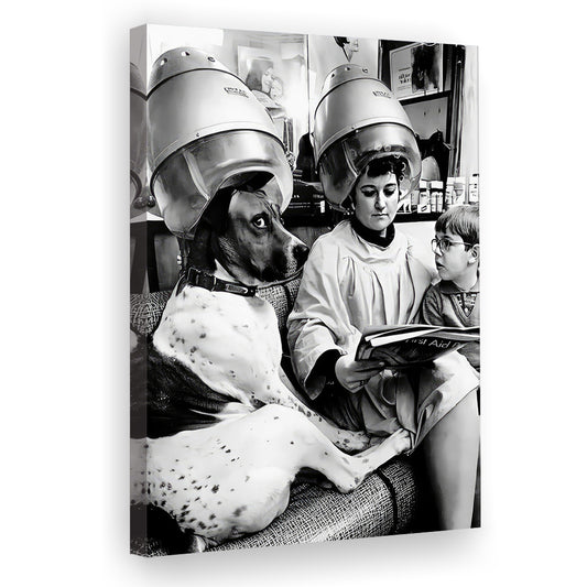 Dog at Hair Salon Canvas Print Wall Art, Beauty Salon Decor, Black and White, Vintage, Funny Wall Decor, Retro Wall Decor