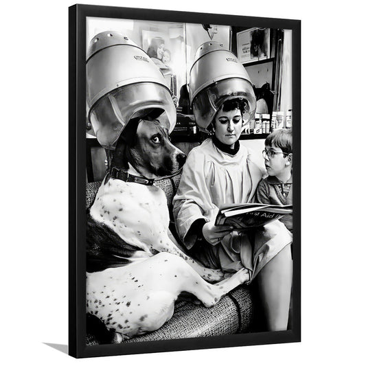 Dog at Hair Salon Framed Art Print Wall Decor, Beauty Salon Decor, Black and White, Vintage, Funny Wall Decor