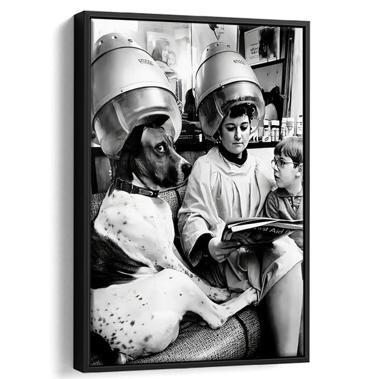 Dog at Hair Salon Framed Canvas Print Wall Art, Beauty Salon Decor, Black and White, Vintage, Funny Wall Decor