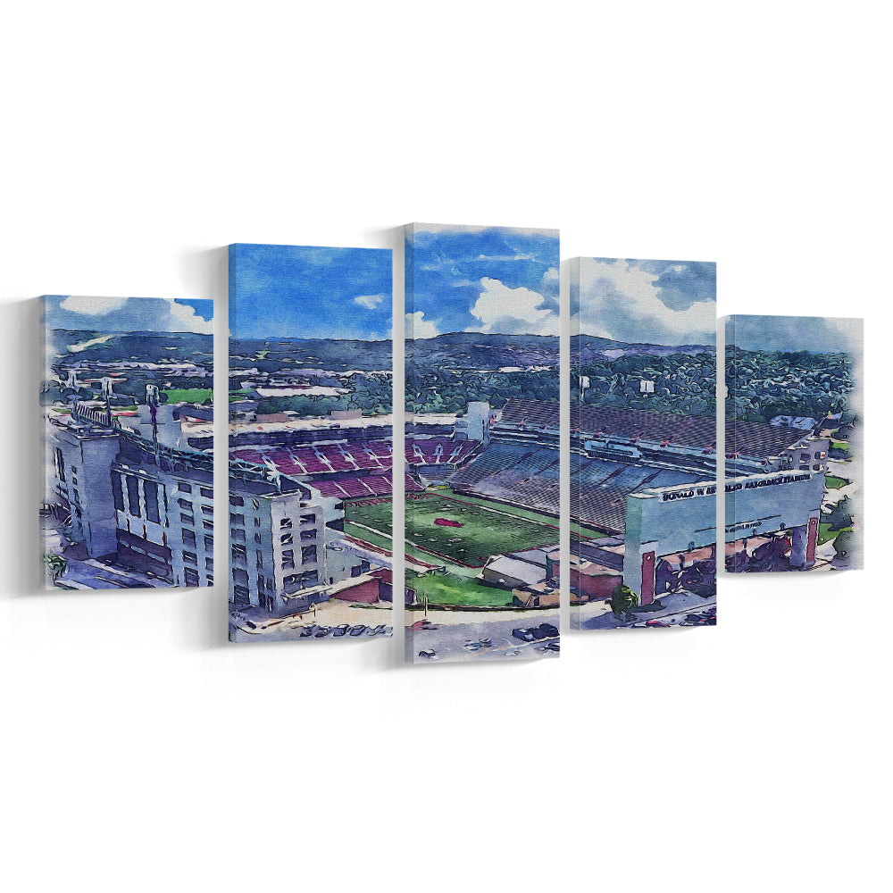 Donald W Reynolds Razorback Painting Stadium Watercolor, Sport Art, Mixed 5 Panel, Canvas Print Wall Art