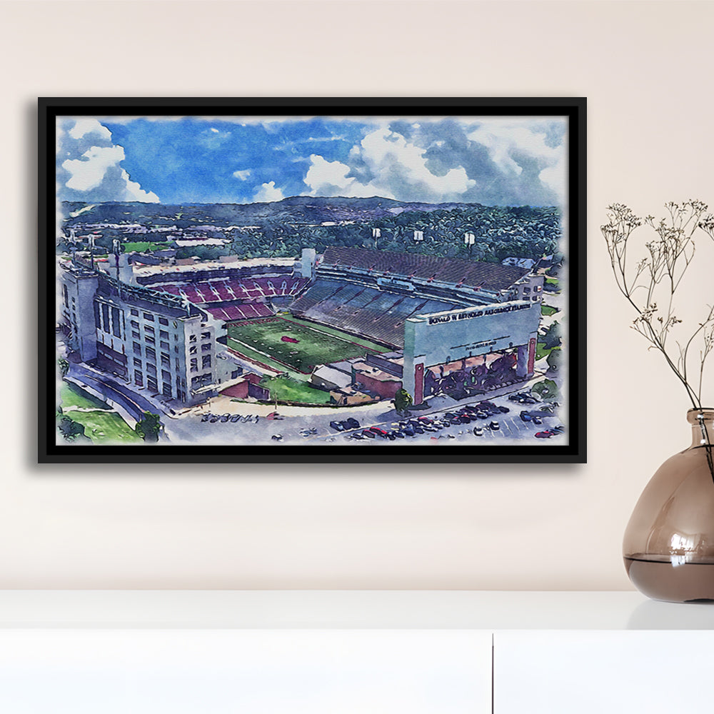 Donald W Reynolds Razorback Painting Stadium Watercolor, Sport Gift Art, Framed Canvas Print Wall Art