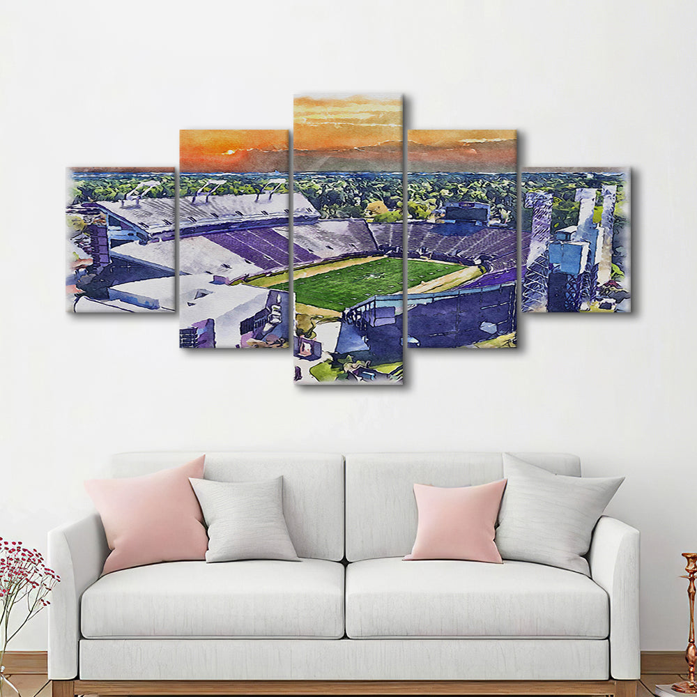 Dowdy Ficklen Painting Stadium Watercolor, Greenville North Carolina, Sport Art, Mixed 5 Panel, Canvas Print Wall Art