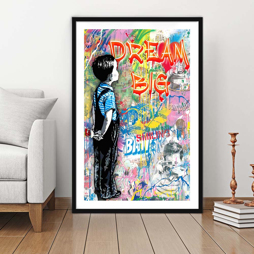 Dream Big, Colorful Graffiti Painting Art, Framed Art Print, Luxury Pictures Framed, White Border