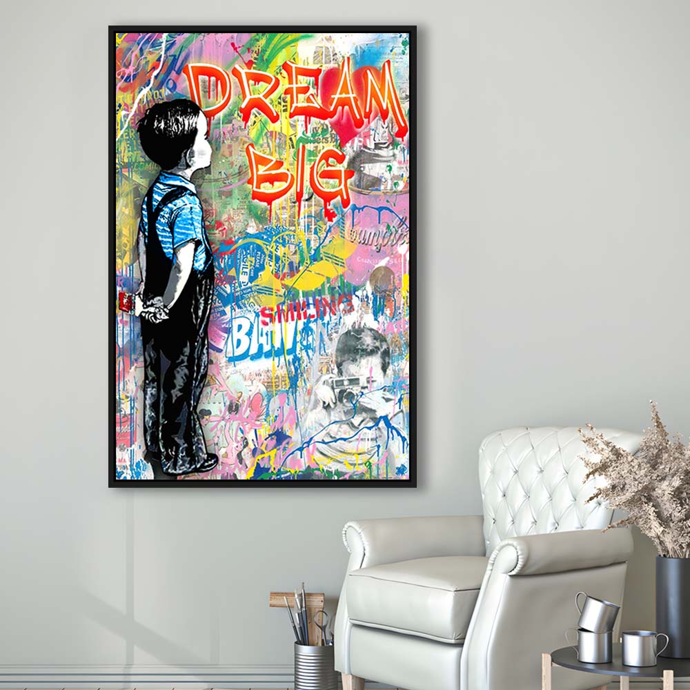 Dream Big, Colorful Graffiti Painting Art, Framed Canvas Print, Floating Frame, Luxury Wall Art Decor