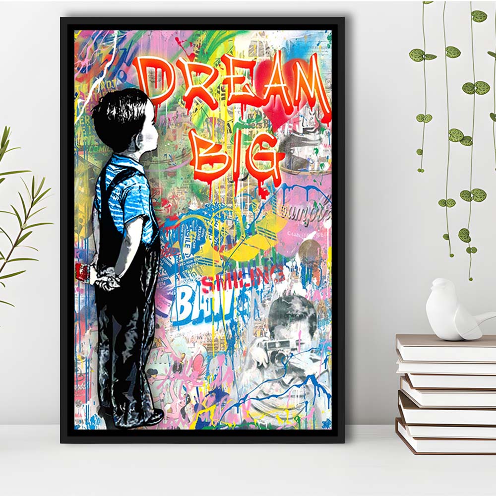 Dream Big, Colorful Graffiti Painting Art, Framed Canvas Print, Floating Frame, Luxury Wall Art Decor