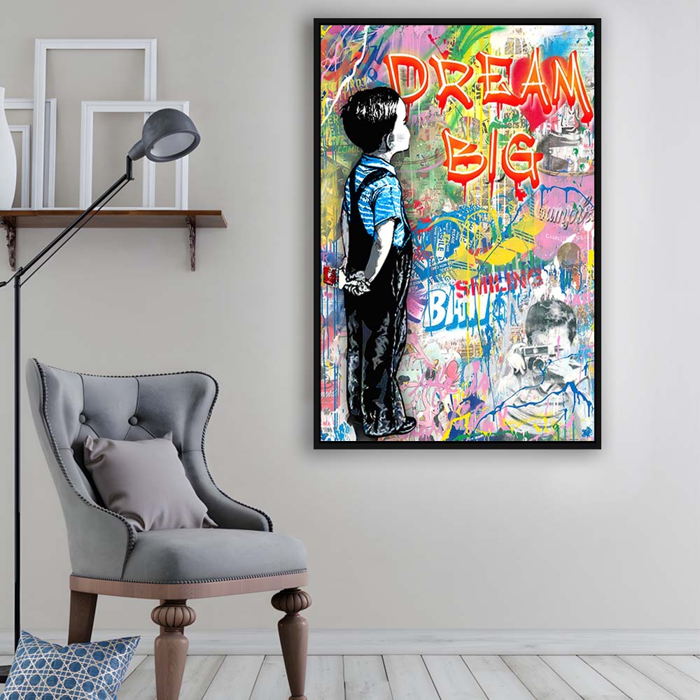 Dream Big, Colorful Graffiti Painting Art, Framed Canvas Print, Floating Frame, Luxury Wall Art Decor