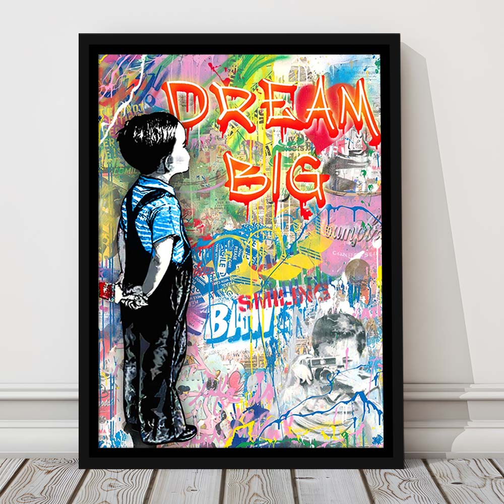 Dream Big, Colorful Graffiti Painting Art, Framed Canvas Print, Floating Frame, Luxury Wall Art Decor