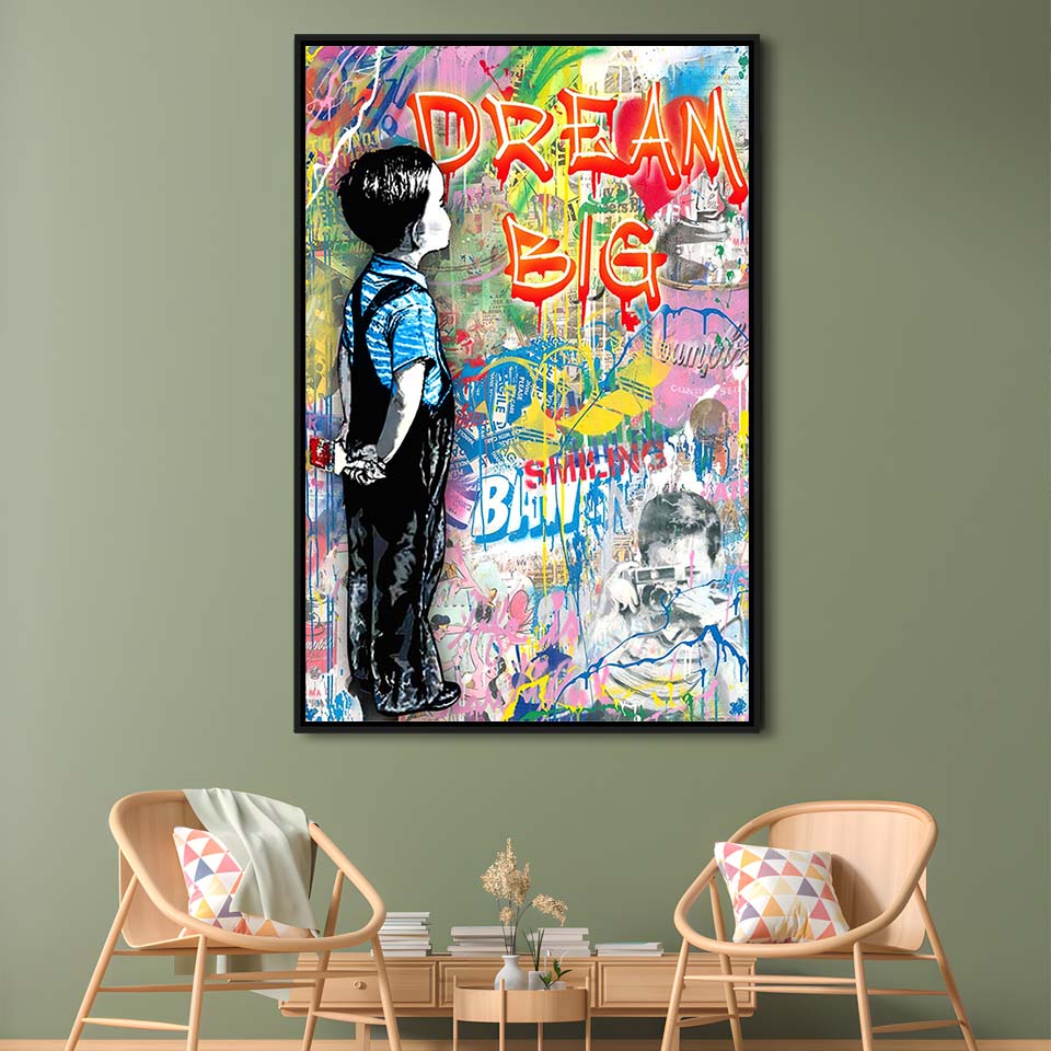 Dream Big, Colorful Graffiti Painting Art, Framed Canvas Print, Floating Frame, Luxury Wall Art Decor