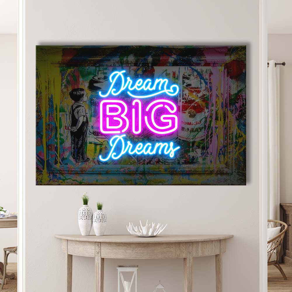 Dream Big Dreams Neon Signs Art Print, Canvas Print Wall Art, Wall Decor, Neon Effect Art