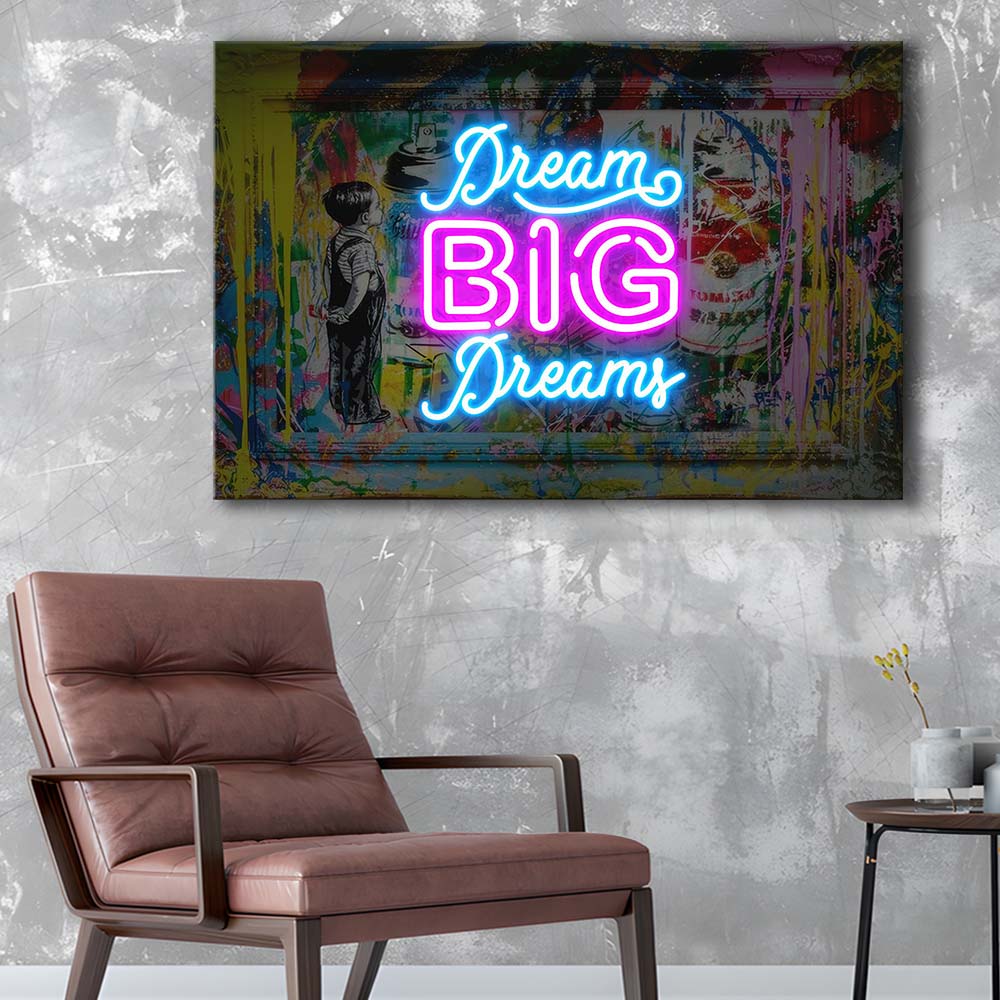 Dream Big Dreams Neon Signs Art Print, Canvas Print Wall Art, Wall Decor, Neon Effect Art