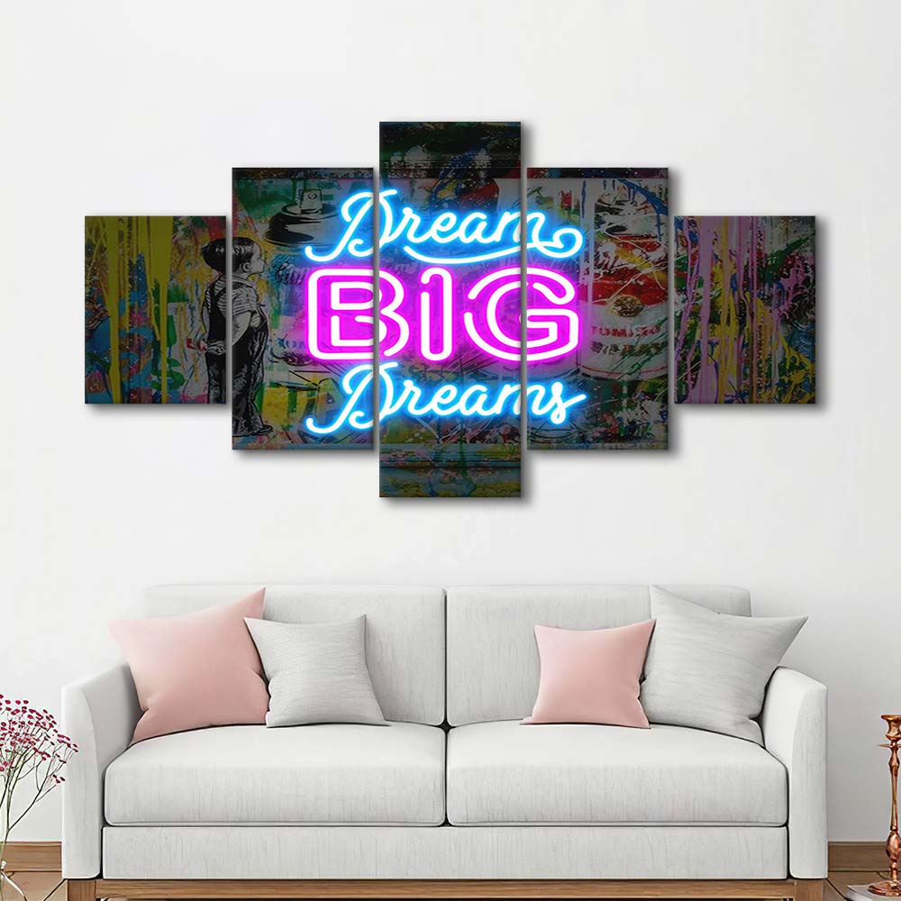 Dream Big Dreams Neon Signs Art Print, 5 Panel Mixed Canvas Print Wall Art, Home Decor, Neon Canvas