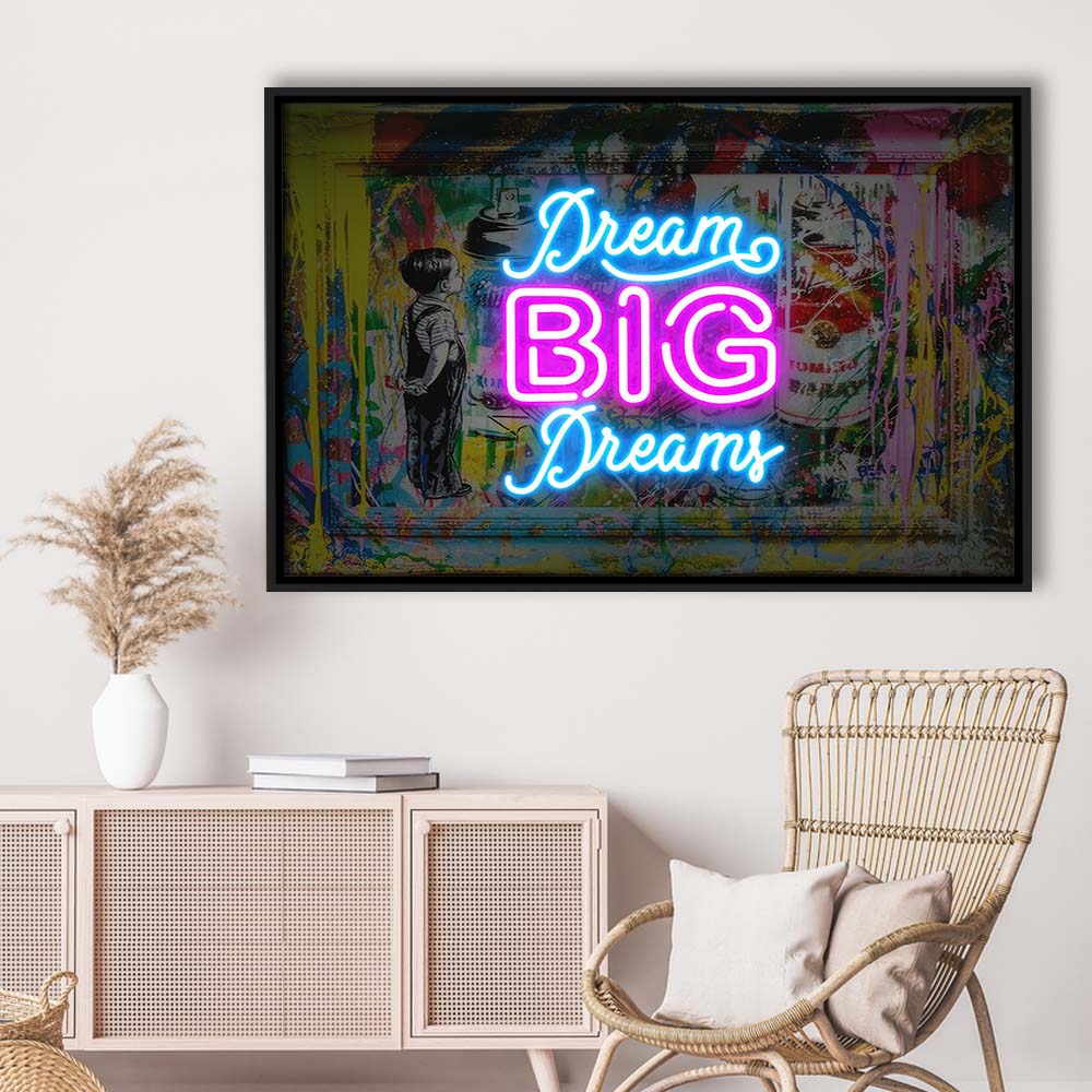 Dream Big Dreams Neon Signs Art Print, Framed Canvas Print Wall Art Decor, Floating Frame, Neon Effect Art