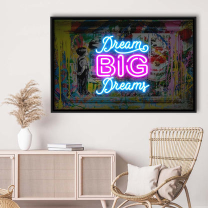 Dream Big Dreams Neon Signs Art Print, Framed Canvas Print Wall Art Decor, Floating Frame, Neon Effect Art