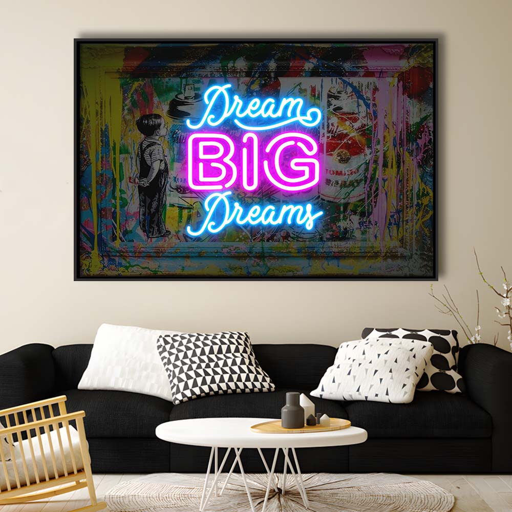 Dream Big Dreams Neon Signs Art Print, Framed Canvas Print Wall Art Decor, Floating Frame, Neon Effect Art