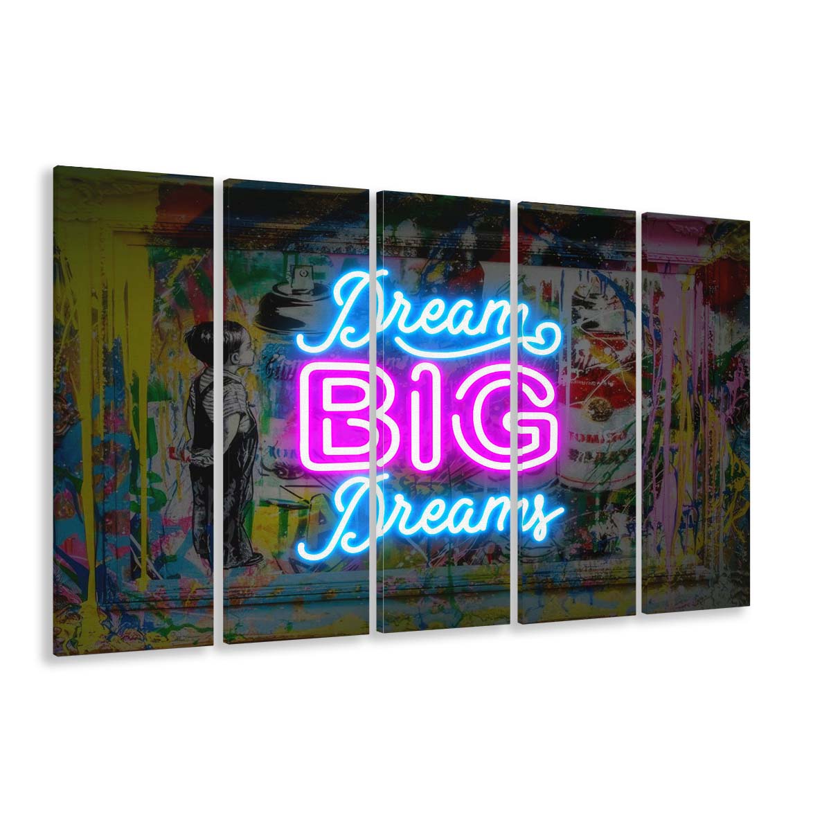 Dream Big Dreams Neon Signs Art Print, Extra Large 5 Panels Multi Canvas Print Wall Art, Home Decor