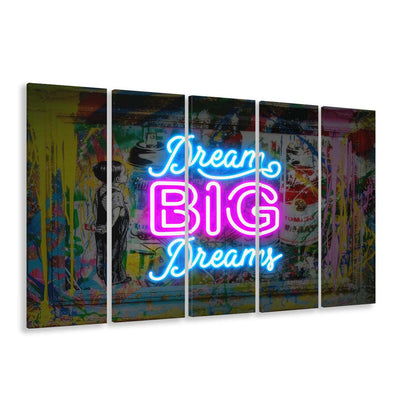 Dream Big Dreams Neon Signs Art Print, Extra Large 5 Panels Multi Canvas Print Wall Art, Home Decor