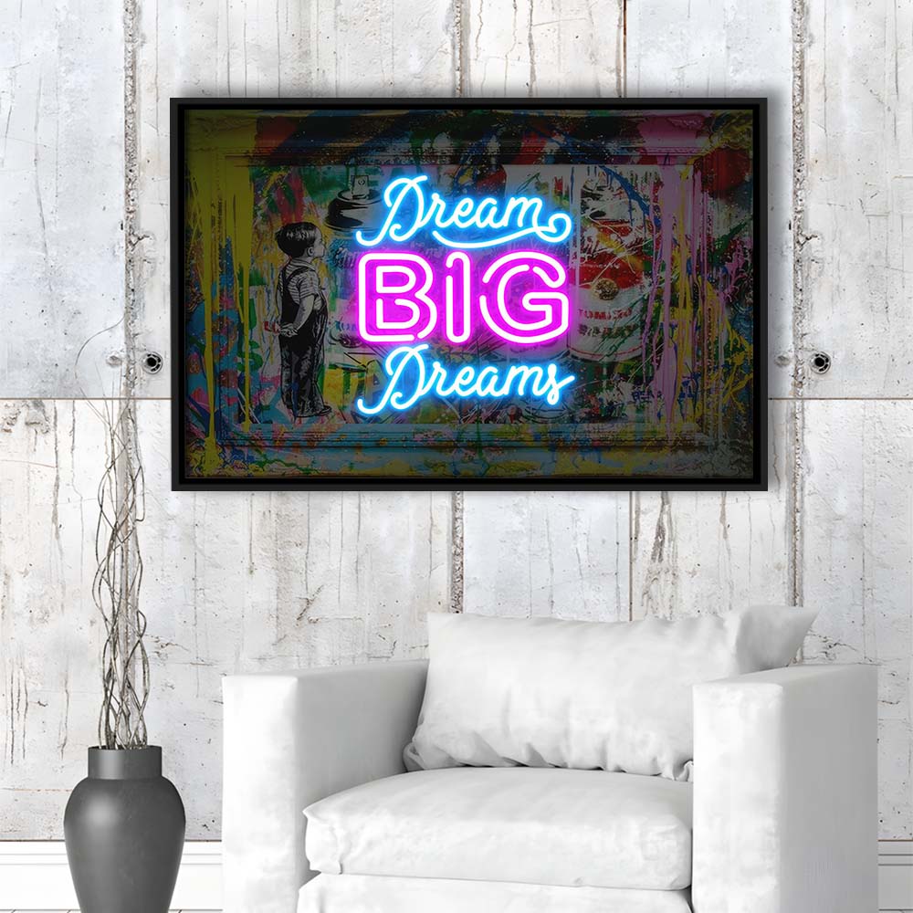Dream Big Dreams Neon Signs Art Print, Framed Canvas Print Wall Art Decor, Floating Frame, Neon Effect Art