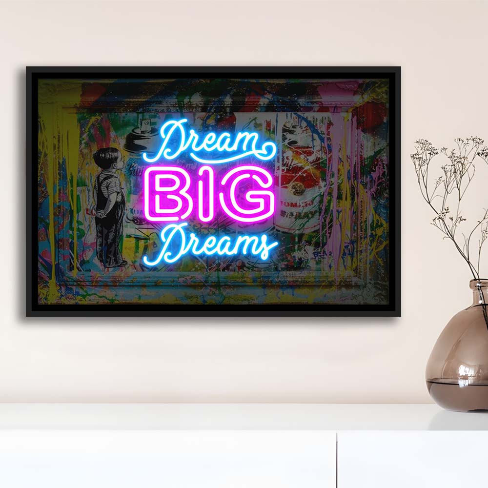 Dream Big Dreams Neon Signs Art Print, Framed Canvas Print Wall Art Decor, Floating Frame, Neon Effect Art