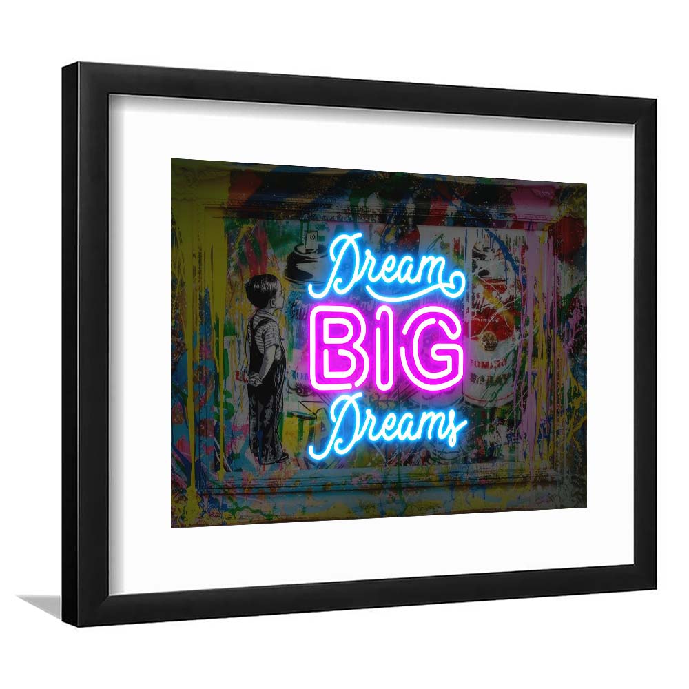 Dream Big Dreams Neon Signs Art Print, Framed Art Print Wall Decor, White Border, Framed Picture