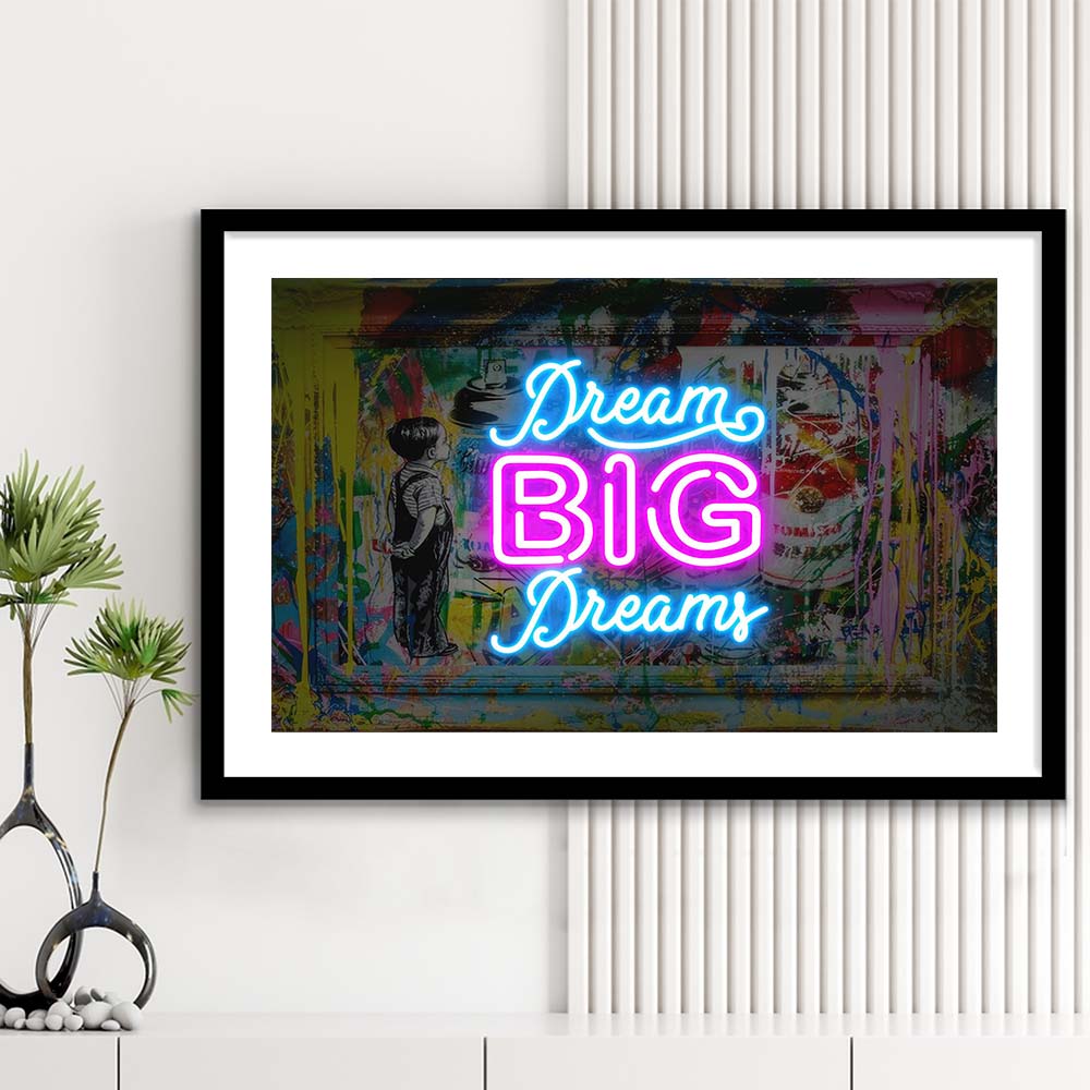 Dream Big Dreams Neon Signs Art Print, Framed Art Print Wall Decor, White Border, Framed Picture