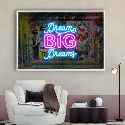 Dream Big Dreams Neon Signs Art Print, Framed Canvas Print Wall Art Decor, Floating Frame, Neon Effect Art