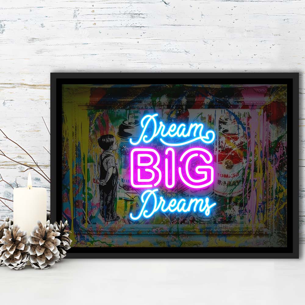 Dream Big Dreams Neon Signs Art Print, Framed Canvas Print Wall Art Decor, Floating Frame, Neon Effect Art