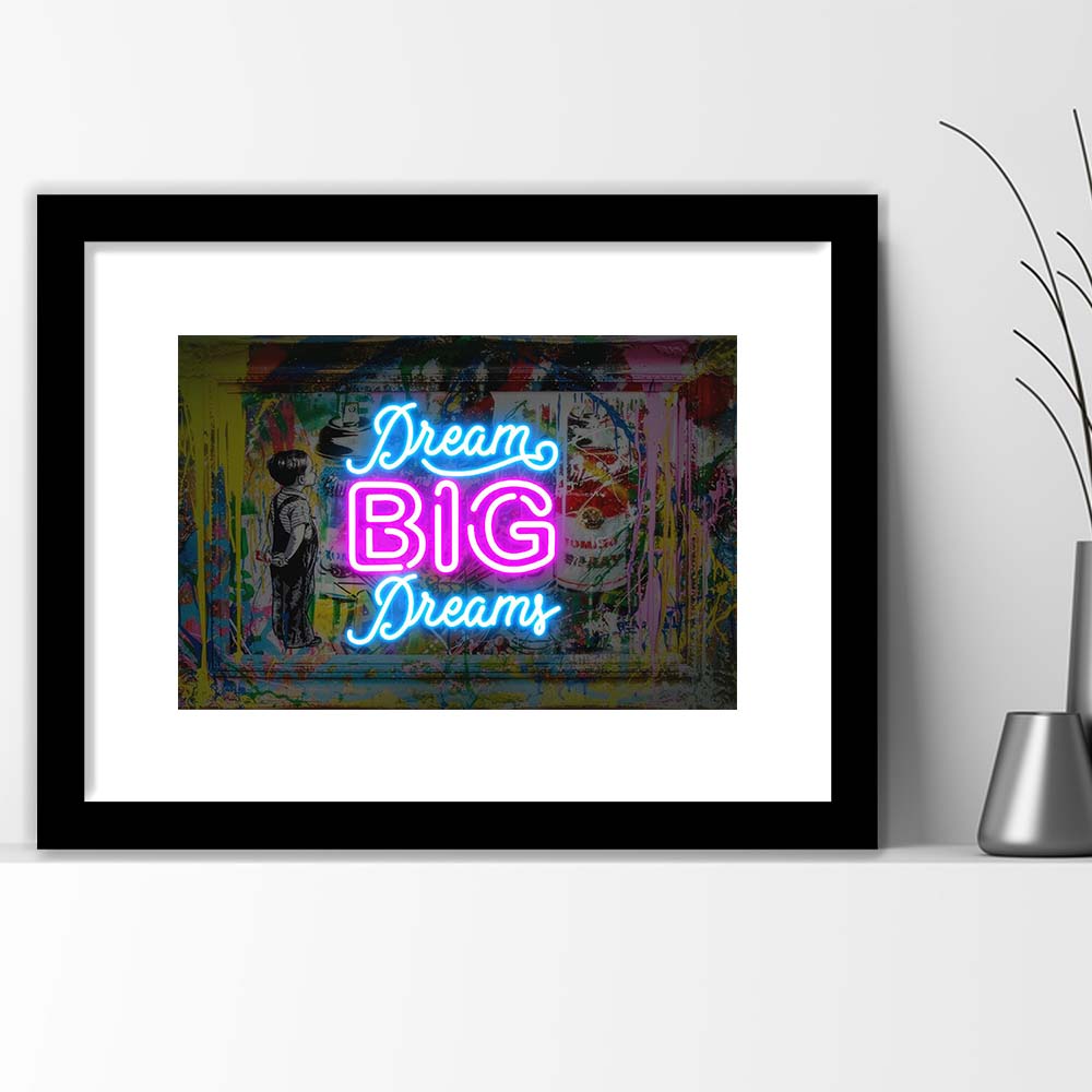 Dream Big Dreams Neon Signs Art Print, Framed Art Print Wall Decor, White Border, Framed Picture