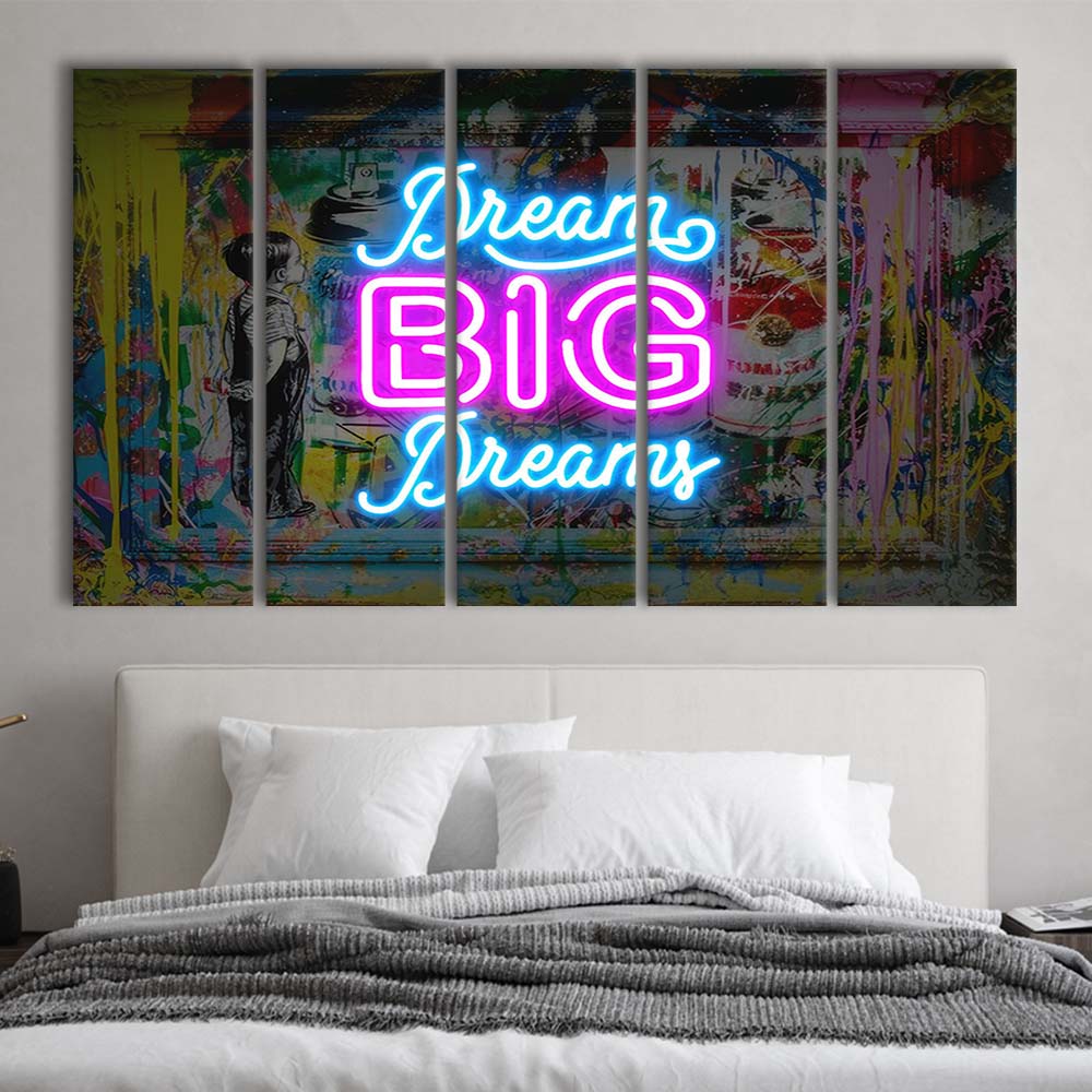 Dream Big Dreams Neon Signs Art Print, Extra Large 5 Panels Multi Canvas Print Wall Art, Home Decor