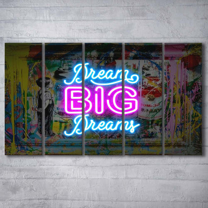 Dream Big Dreams Neon Signs Art Print, Extra Large 5 Panels Multi Canvas Print Wall Art, Home Decor