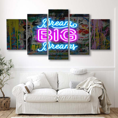 Dream Big Dreams Neon Signs Art Print, 5 Panel Mixed Canvas Print Wall Art, Home Decor, Neon Canvas