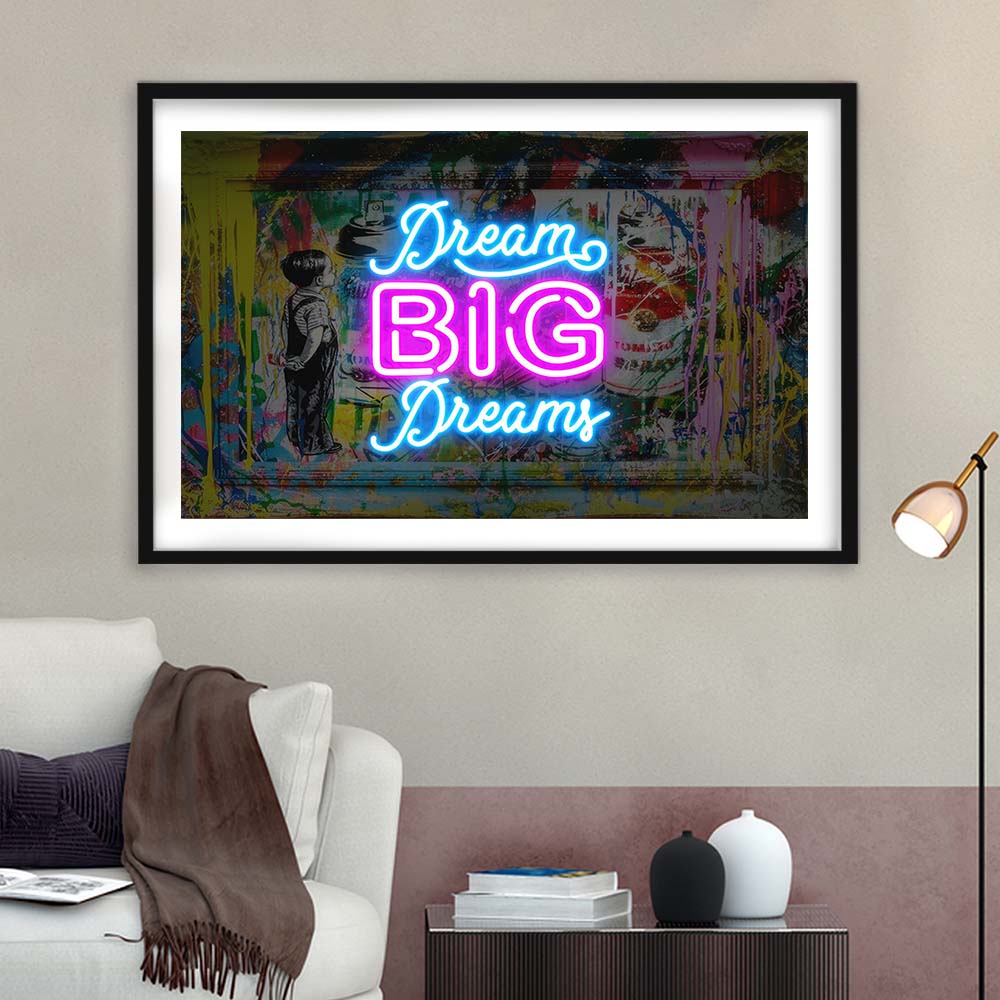 Dream Big Dreams Neon Signs Art Print, Framed Art Print Wall Decor, White Border, Framed Picture