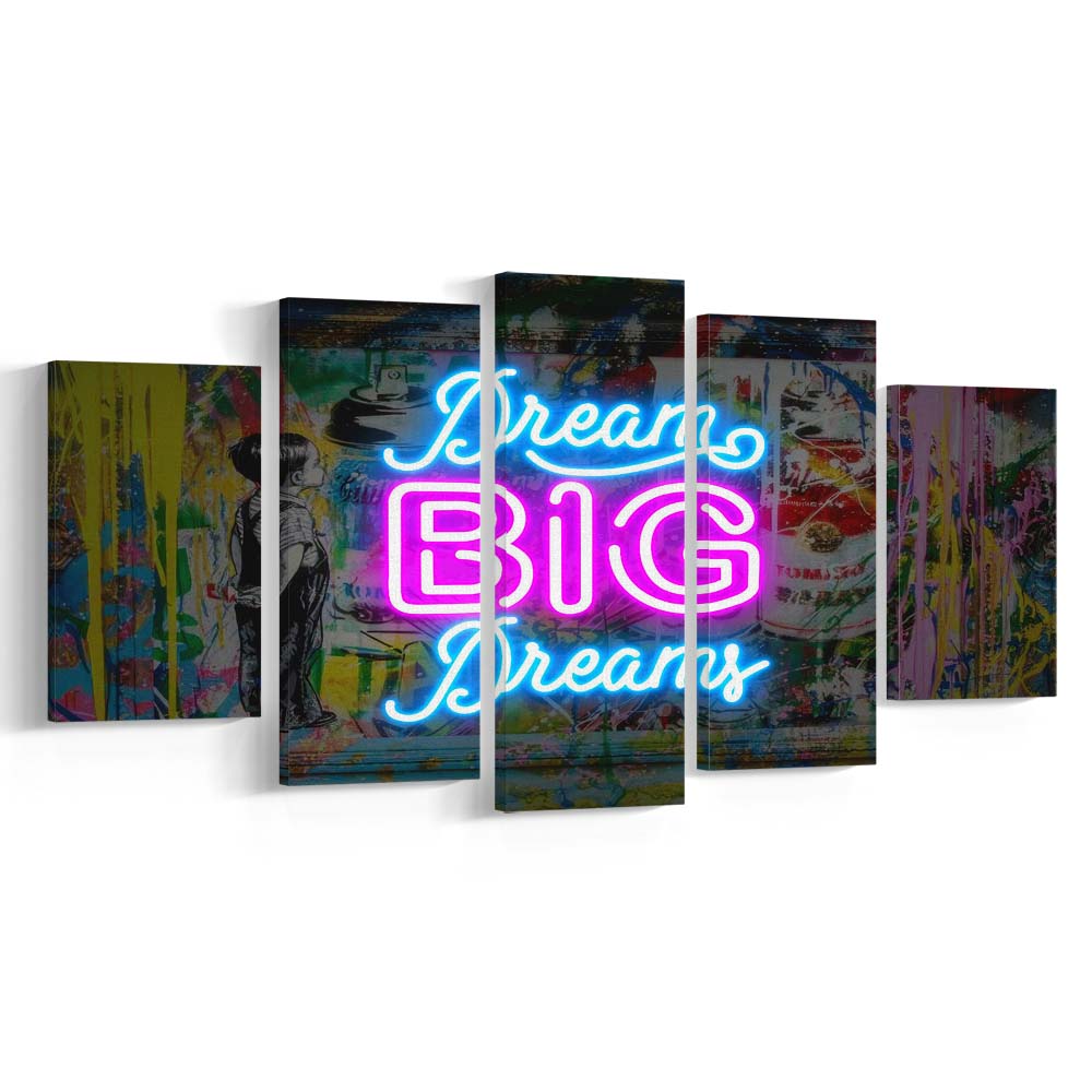Dream Big Dreams Neon Signs Art Print, 5 Panel Mixed Canvas Print Wall Art, Home Decor, Neon Canvas