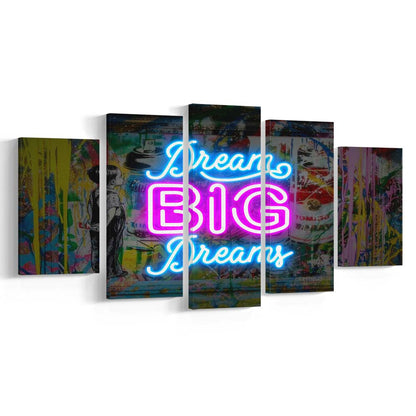 Dream Big Dreams Neon Signs Art Print, 5 Panel Mixed Canvas Print Wall Art, Home Decor, Neon Canvas