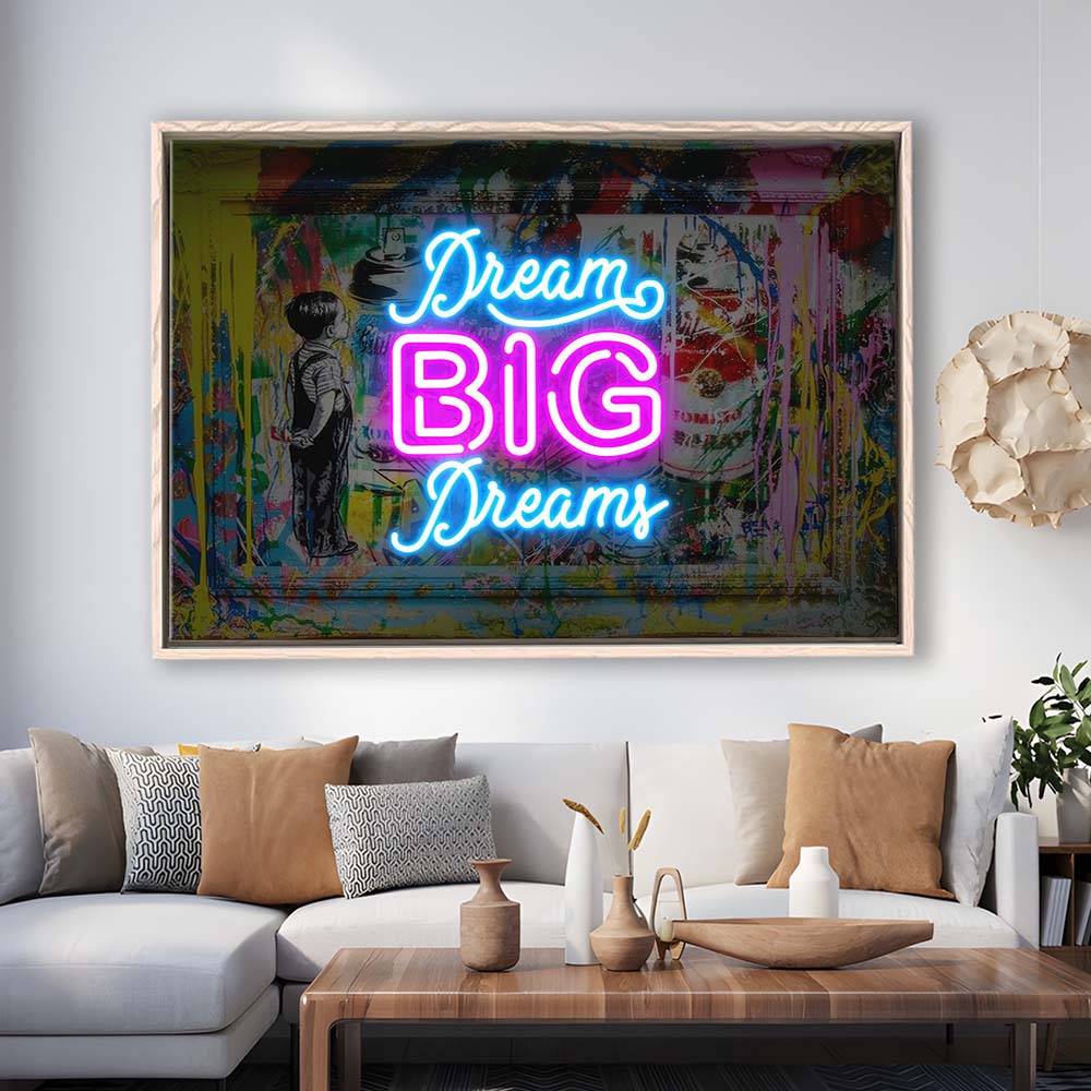 Dream Big Dreams Neon Signs Art Print, Framed Canvas Print Wall Art Decor, Floating Frame, Neon Effect Art