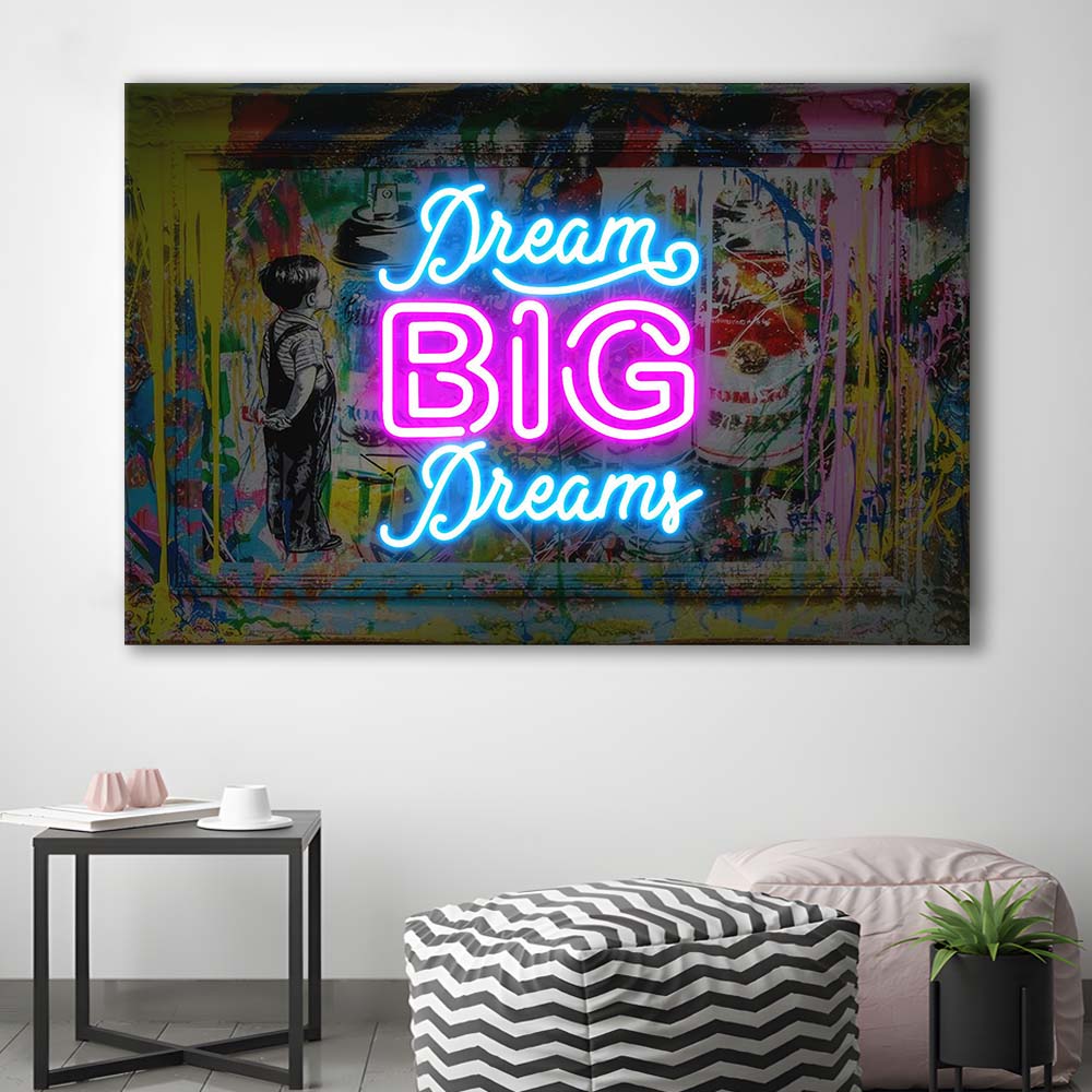 Dream Big Dreams Neon Signs Art Print, Canvas Print Wall Art, Wall Decor, Neon Effect Art