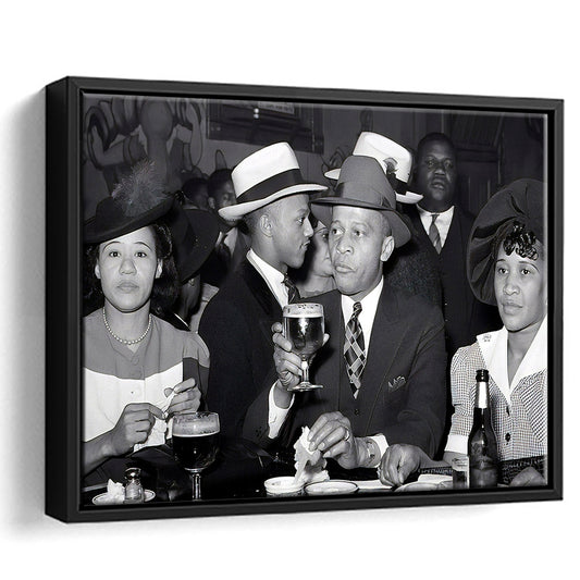 Drinking Beer, Black and White, Vintage Photography, Bar Cart Print, Home Bar Decor, Floating Framed Canvas Print