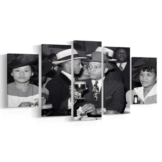 Drinking Beer, Black and White, Vintage Photography, Bar Cart Print, Home Bar Decor, Mixed 5 Pieces Canvas Print