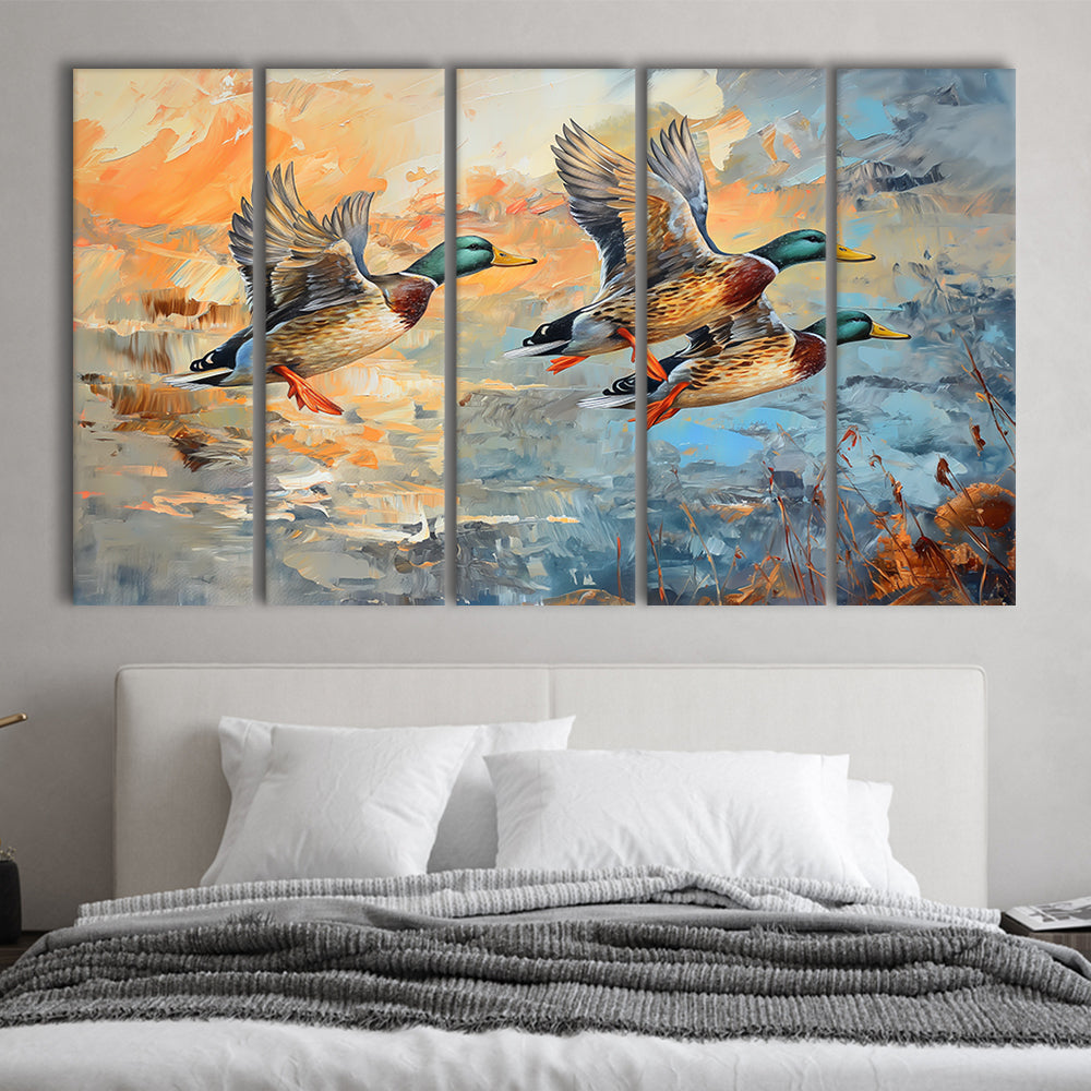 Duck Flying Huting Painting Art, Canvas Art Print, Painting Art, Multi Panels Canvas Print Wall Art