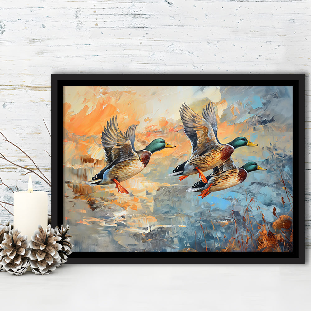 Duck Flying Huting Painting Art, Framed Canvas Print, Painting Art, Floating Framed Canvas Print Wall Art