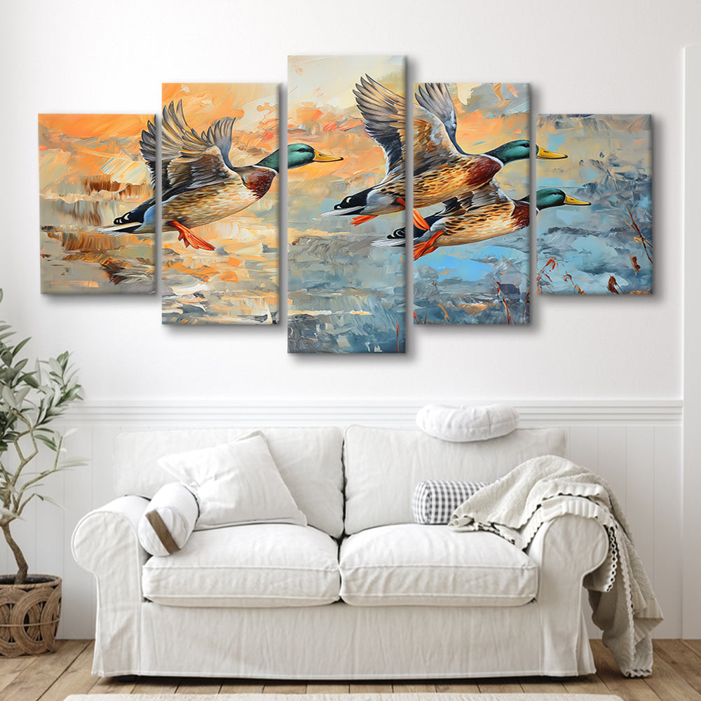 Duck Flying Huting Painting Art, Canvas Art Decor Print, Painting Art, Mixed Panels Canvas Print Wall Art