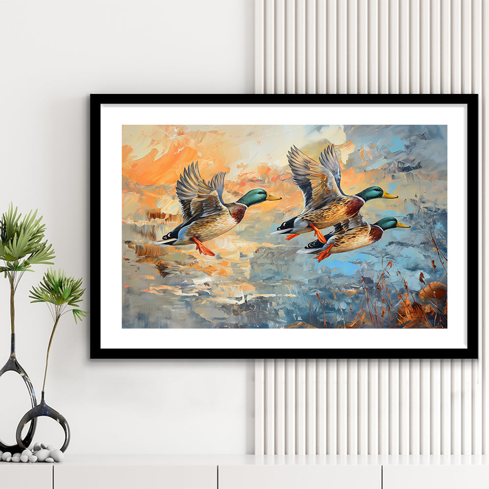 Duck Flying Huting Painting Art, Framed  Print, Painting Art, Framed Art Print White Border Wall Decor