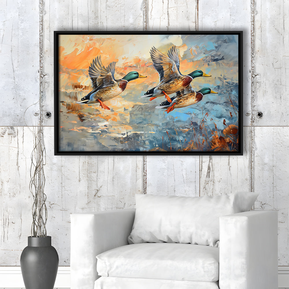 Duck Flying Huting Painting Art, Framed Canvas Print, Painting Art, Floating Framed Canvas Print Wall Art