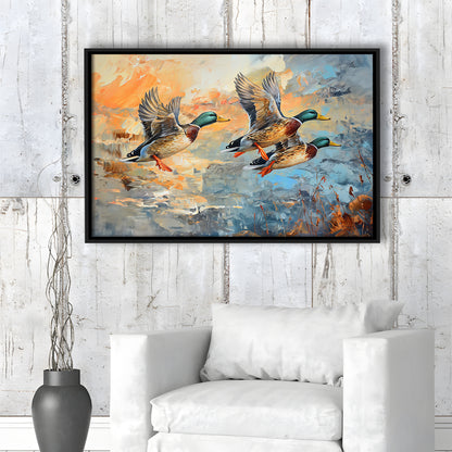 Duck Flying Huting Painting Art, Framed Canvas Print, Painting Art, Floating Framed Canvas Print Wall Art