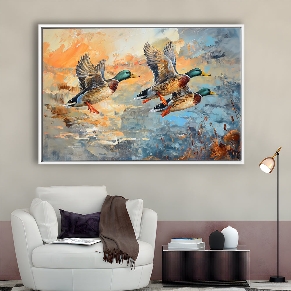 Duck Flying Huting Painting Art, Framed Canvas Print, Painting Art, Floating Framed Canvas Print Wall Art