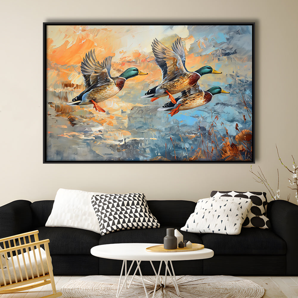 Duck Flying Huting Painting Art, Framed Canvas Print, Painting Art, Floating Framed Canvas Print Wall Art