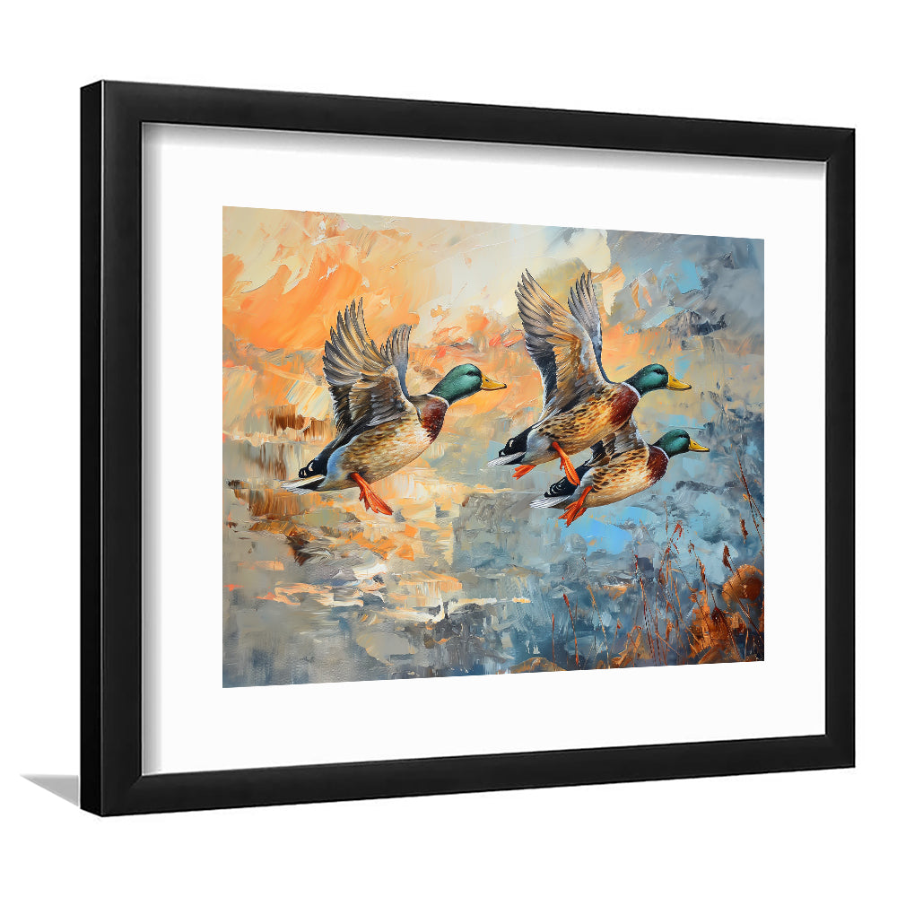 Duck Flying Huting Painting Art, Framed  Print, Painting Art, Framed Art Print White Border Wall Decor