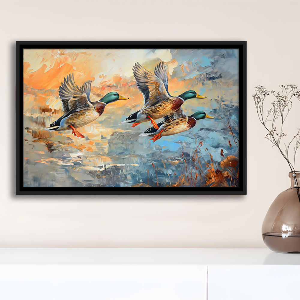 Duck Flying Huting Painting Art, Framed Canvas Print, Painting Art, Floating Framed Canvas Print Wall Art