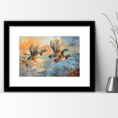 Duck Flying Huting Painting Art, Framed  Print, Painting Art, Framed Art Print White Border Wall Decor